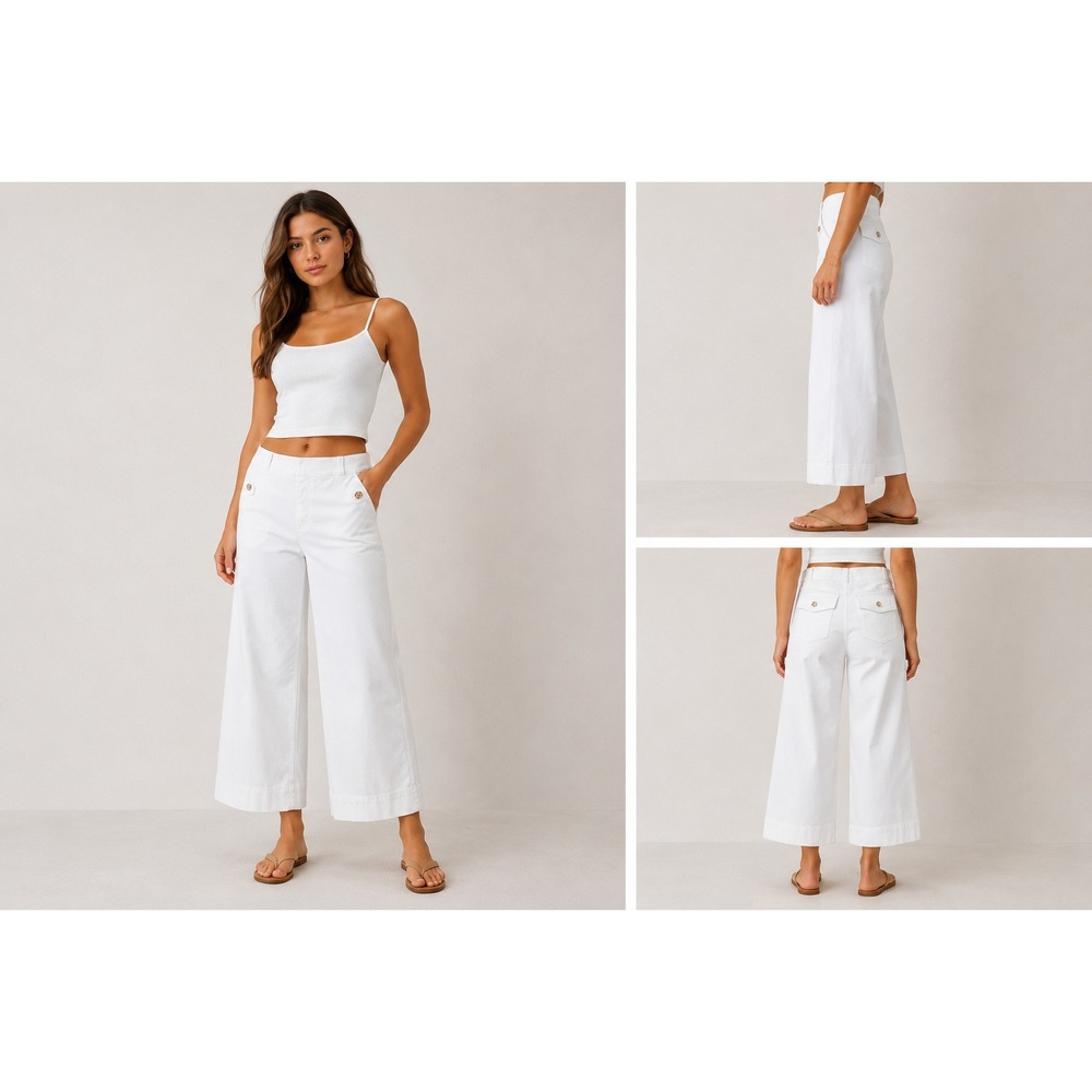 Spanx Cotton Blend Wide Leg Bright White Stretch Twill Cropped Pants S High Rise